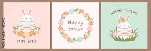 Set of Easter cards with cute egg shaped bunny, Easter eggs, and flowers. Easter backgrounds in pastel colors.