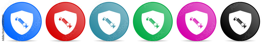 Vaccine shield concept vector icons, set of circle gradient buttons in 6 colors options for webdesign and mobile applications Vaccine shield concept vector icons, set of circle gradient buttons in 6 colors options for webdesign and mobile applications