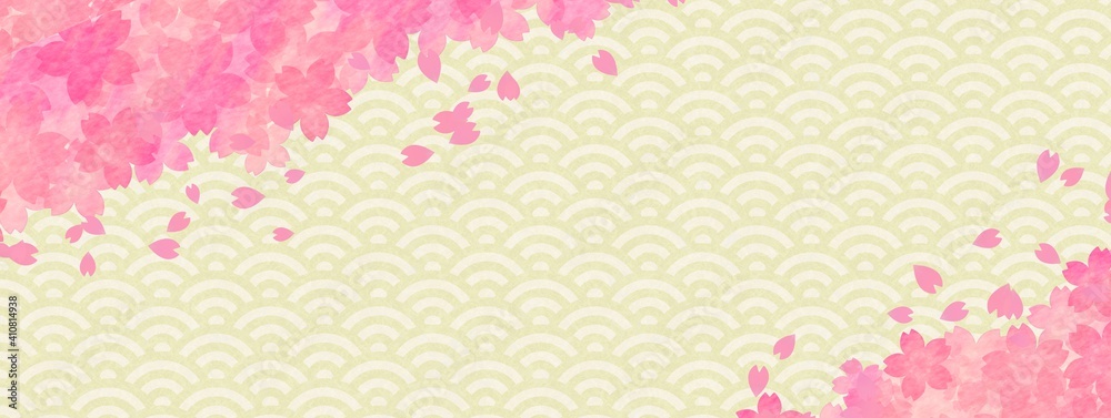 金色の青海波模様と桜の花の背景イラスト no.02