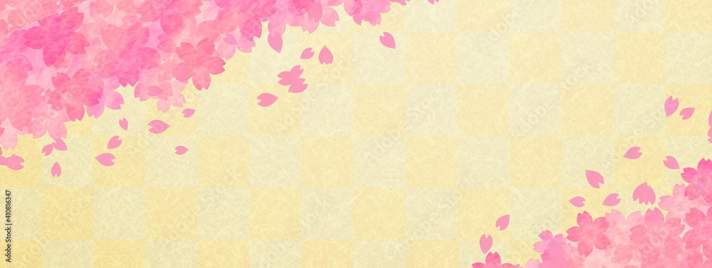 薄金色の市松模様と桜の花の背景イラスト no.01
