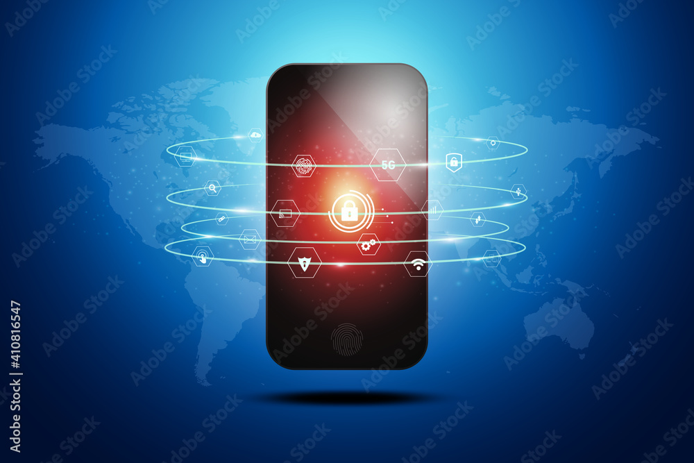 Vector illustration. abstract cyber security with phone and icons concept Cyber protection application By program developers to protect data on various electronic devices. 