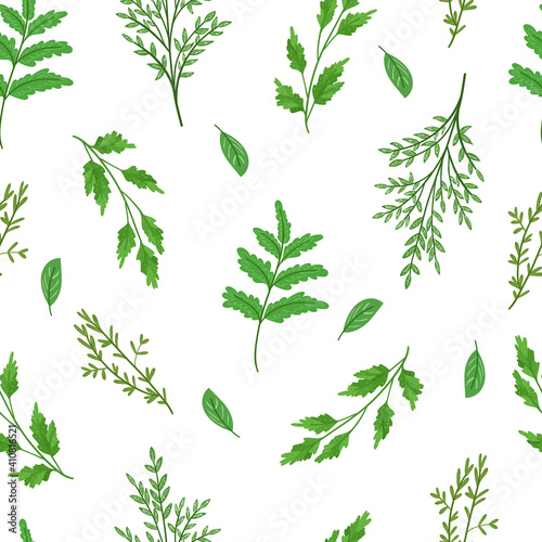 Wild herbs seamless pattern. Cartoon green leaves brunches twig on white background. Vector hand drawn illustration.
