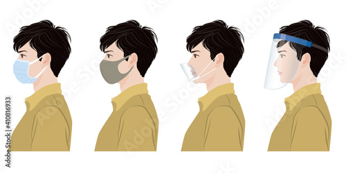 男性の横顔のイラスト. ウイルスの感染対策.