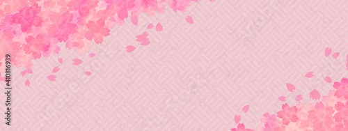 ピンク色の算木崩し模様と桜の花の背景イラスト no.01
