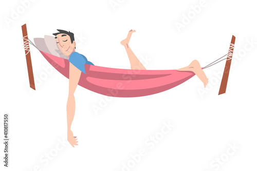 Smiling Male Lying in Hammock and Sleeping Vector Illustration