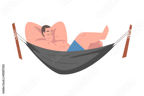 Smiling Male Lying in Hammock and Sleeping Vector Illustration