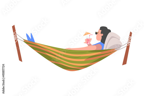 Woman Lying in Hammock and Drinking Cocktail Vector Illustration