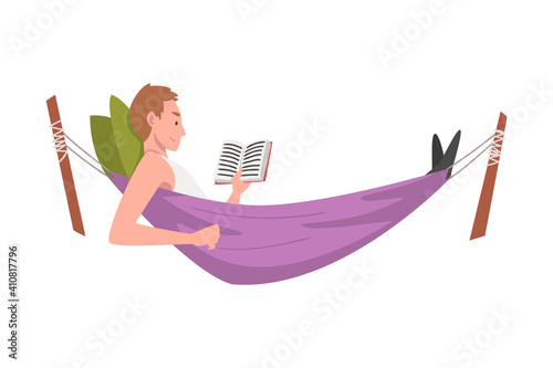 Young Male Lying in Hammock and Reading Book Vector Illustration