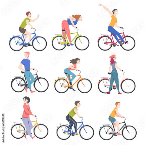 Happy People Characters on Bicycle Enjoying Vacation or Weekend Activity Vector Illustration Set