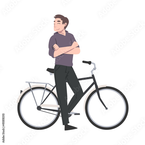 Fototapeta Naklejka Na Ścianę i Meble -  Happy Man with Crossed Arms Standing Near Bicycle Enjoying Vacation or Weekend Activity Vector Illustration