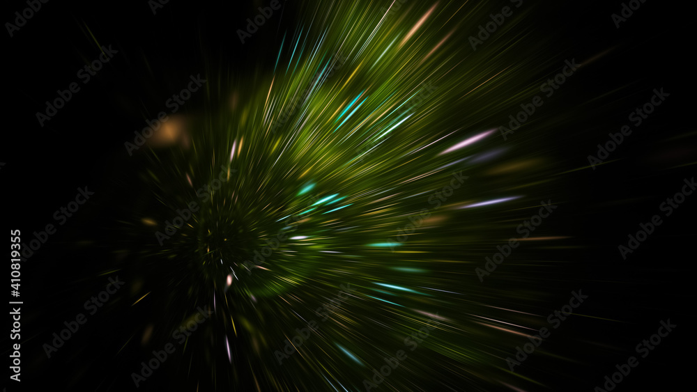 Abstract green and blue fireworks. Holiday background with fantastic light effect. Digital fractal art. 3d rendering.