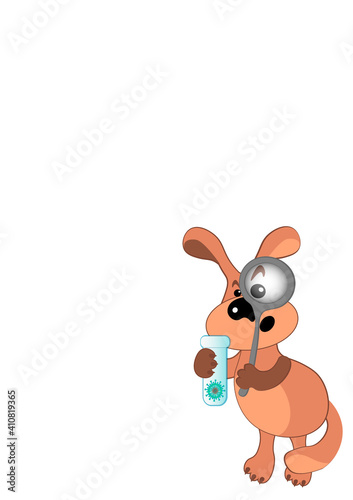 The dog looks at the virus in the magnifying glass.