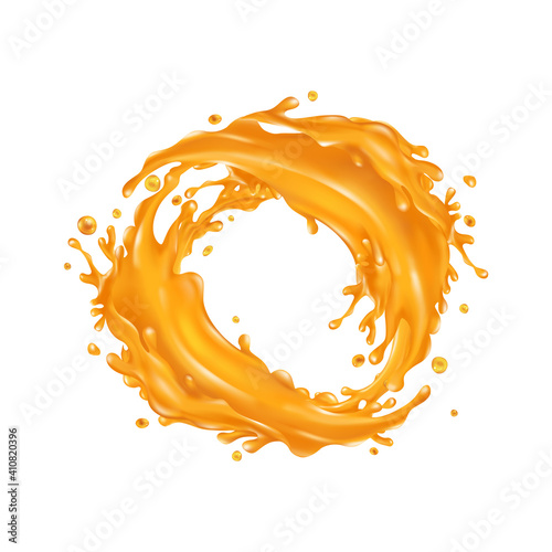 Orange juice splashes circle on a white background
