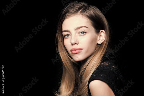 Beauty and fashion woman. Girl with healthy skin. Fashion model pose isolated on black background. Hairdresser and beauty look.