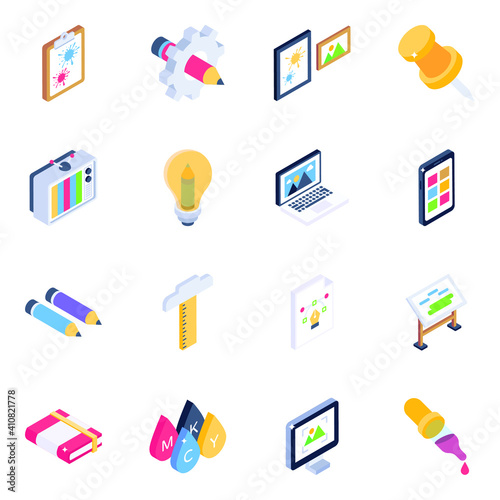 
Pack of Painting and Graphic Designing Isometric Icons 
