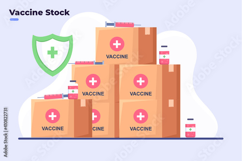 Flat style illustration Covid-19 Coronavirus vaccine stock, Covid-19 Vaccine Ready to delivery or distribute to all world, Coronavirus Vaccine Safe, Vaccine Storage Room, Stock Room Vaccine