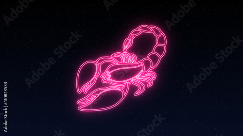The Scorpio zodiac symbol, horoscope sign in neon style on night star sky. Royalty high-quality stock of Scorpio zodiac sign. Night sky abstract background. Zodiacal mystic astrology symbols