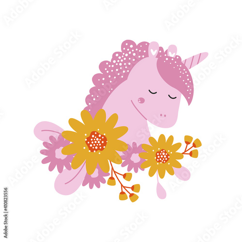 Cute cartoon character unicorn animal. Vector illustration.