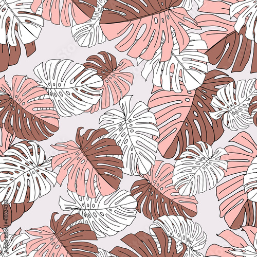 Illustration of brown leaves monstera isolated on a pink background. Seamless pattern