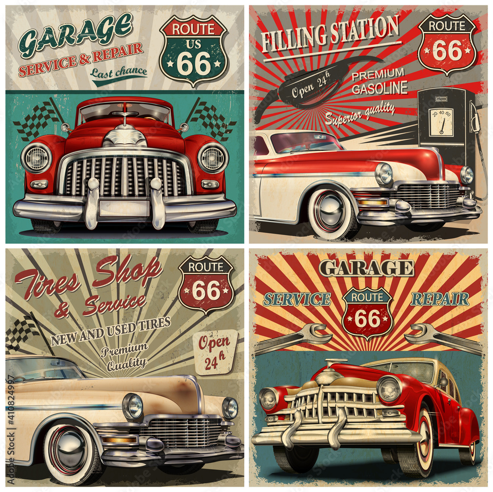 Set of vintage car metal signs,Garage, Filling Station, Tire Shop retro ...