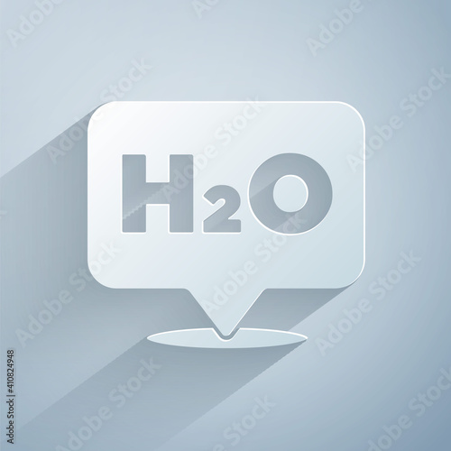 Paper cut Chemical formula for water drops H2O shaped icon isolated on grey background. Paper art style. Vector.