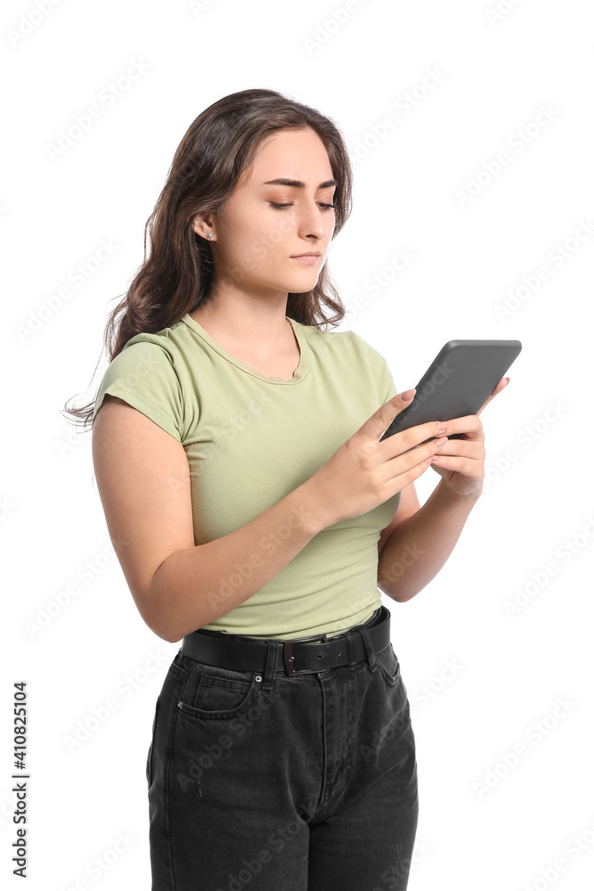 Young woman with e-reader on white background Young woman with e-reader on white background