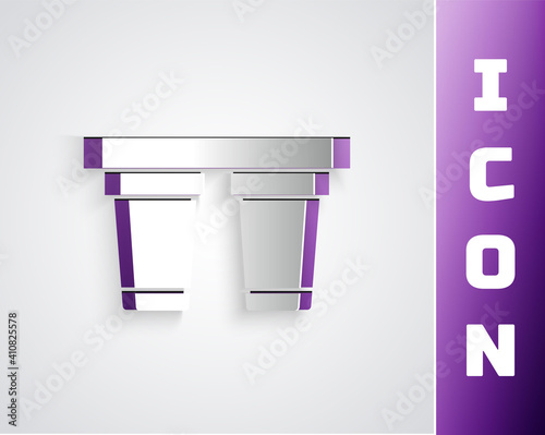 Paper cut Water filter icon isolated on grey background. System for filtration of water. Reverse osmosis system. Paper art style. Vector.