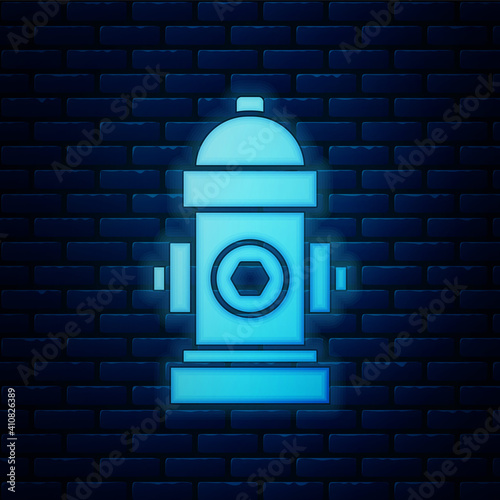 Glowing neon Fire hydrant icon isolated on brick wall background. Vector.