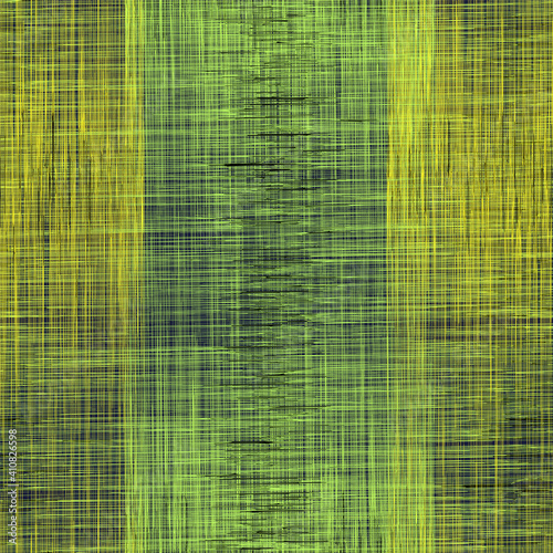 Seamless pattern with intersect vertical and horizontal grunge striped elements in green , yellow colors on dark backdrop