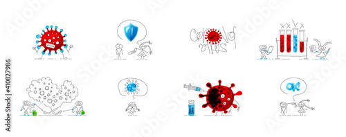 Collection of drawings about Coronavirus. Bundle of vector cute miniatures. Set of original emojis.