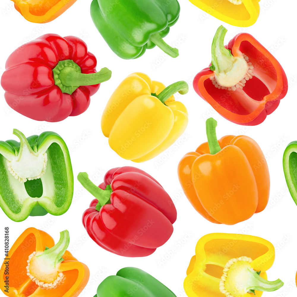 Multicolored endless pattern made with bell pepper isolated on white background.