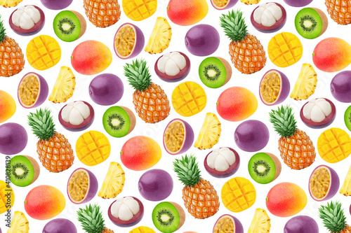 Fototapeta Naklejka Na Ścianę i Meble -  Multicolored endless pattern made with exotic fruits isolated on white background.