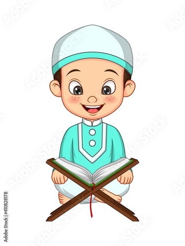 Cartoon Muslim boy reading Quran