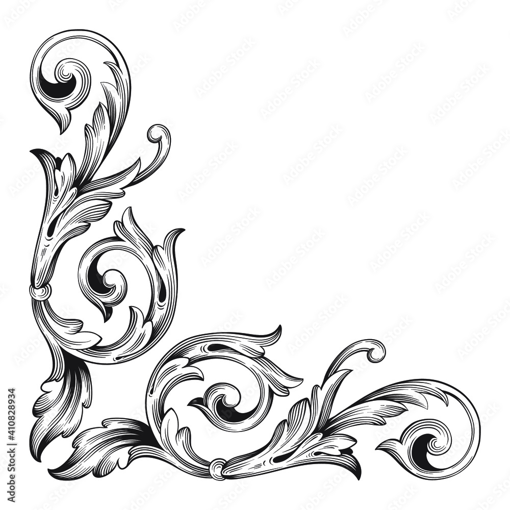 Vintage Baroque Victorian frame border floral ornament leaf scroll engraved retro flower pattern decorative design tattoo black and white Japanese filigree calligraphic vector heraldic swirl