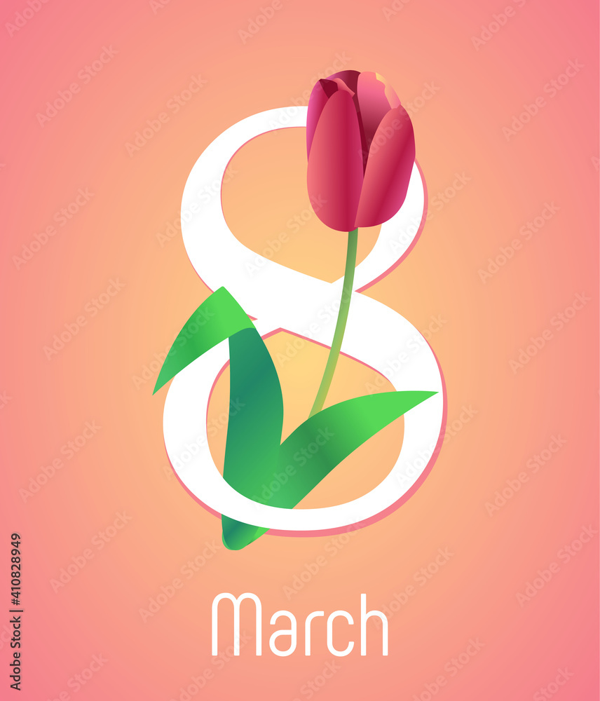 Happy International Womens day. 8 march symbol with red tulip on background. Vector flower spring illustration Happy International Womens day. 8 march symbol with red tulip on background. Vector flower spring illustration