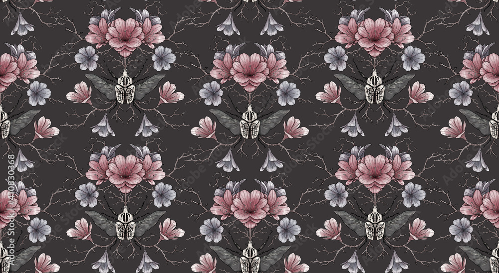 Dark pattern of clivia flowers, balsam, goliath beetles. Fascinating twigs of branches and luxurious symmetry of elements. Solution for design fabric, wallpaper, gift paper Dark pattern of clivia flowers, balsam, goliath beetles. Fascinating twigs of branches and luxurious symmetry of elements. Solution for design fabric, wallpaper, gift paper