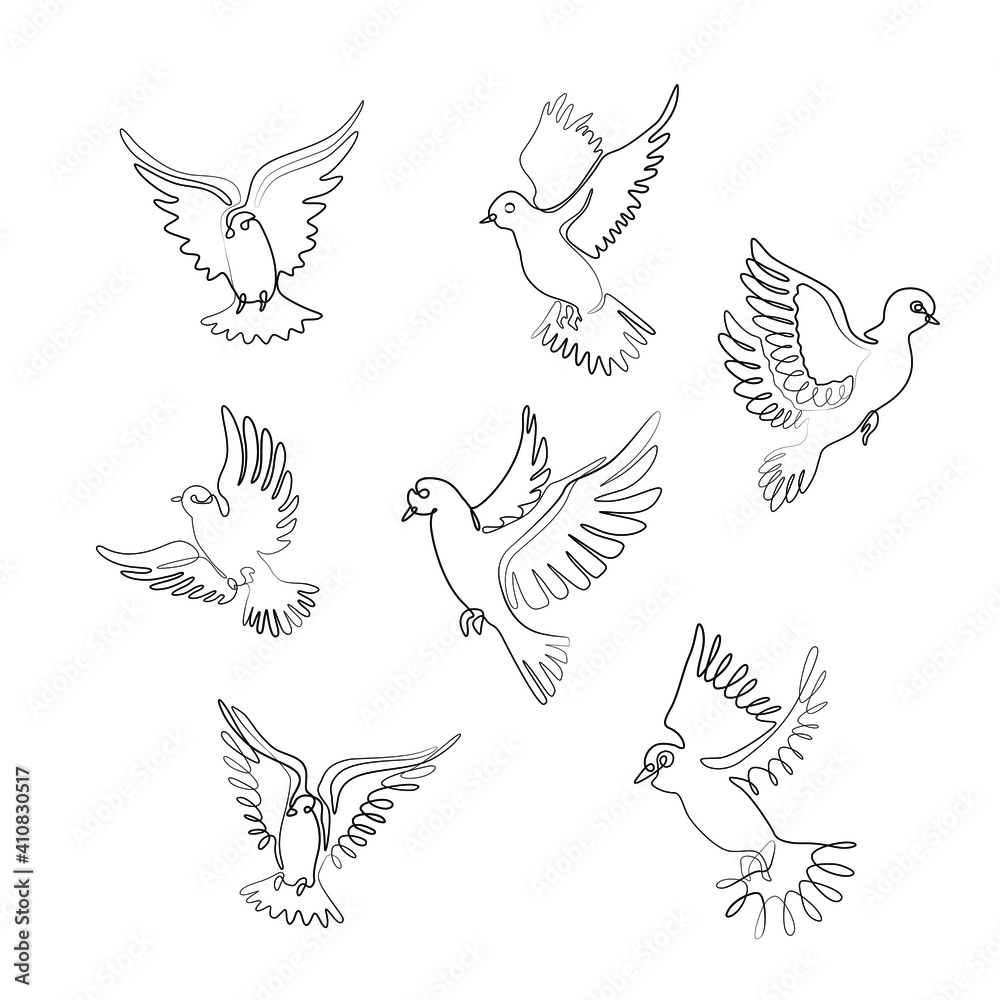 Bird flying set continuous line drawing, pigeon or dove, tattoo, print for  clothes and logo design, silhouette one single line on a white background,  isolated vector illustration. Stock Vector | Adobe Stock