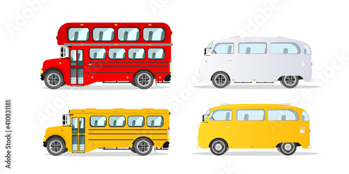 Set of buses isolated on white background. School bus, public transport. Vector.