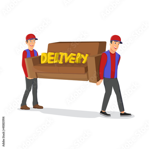 Two deliverymen carrying sofa isolated cartoon characters on white background. Male loaders wearing uniform. Moving house, relocation service workers