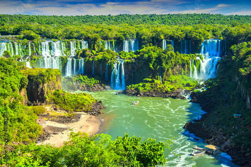 Argentina - Misiones - Iguazu falls - The impressive panorama view of Argentine side of Iguazu waterfall flows and streams falling down to Parana river taken from brazilian side