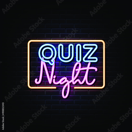 Quiz night announcement poster vector design template. Quiz night neon signboard
