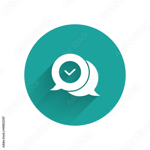 White Check mark in speech bubble icon isolated with long shadow. Security, safety, protection, privacy concept. Tick mark approved. Green circle button. Vector.