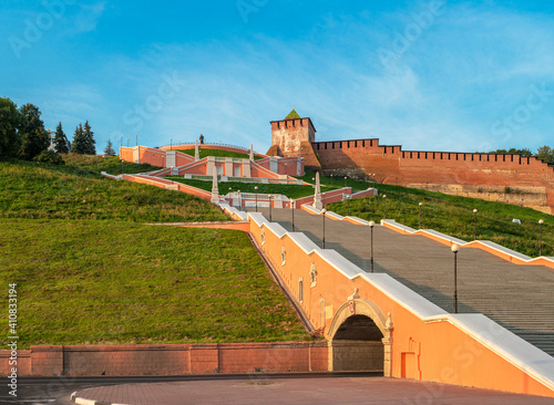 Nizhny Novgorod, Russia. View from the embankment to the Chkalov Staircase and Kremlin. photo