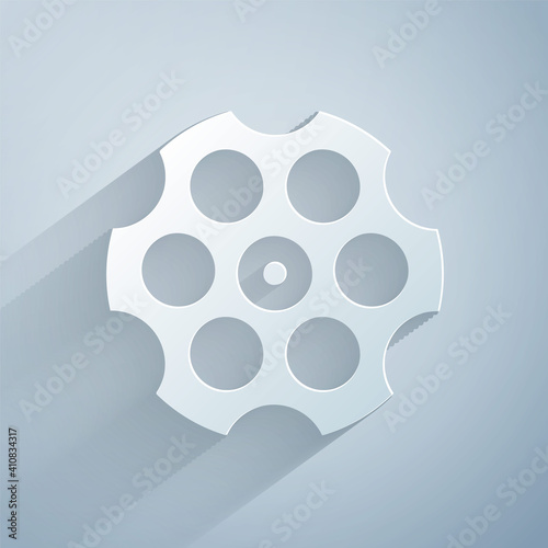 Paper cut Revolver cylinder icon isolated on grey background. Paper art style. Vector.