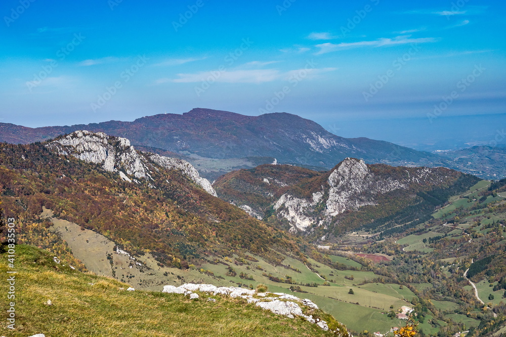 French countryside. Pas de l'Aubasse: View of the heights of the Vercors, the marly hills and the valley Val de Drome