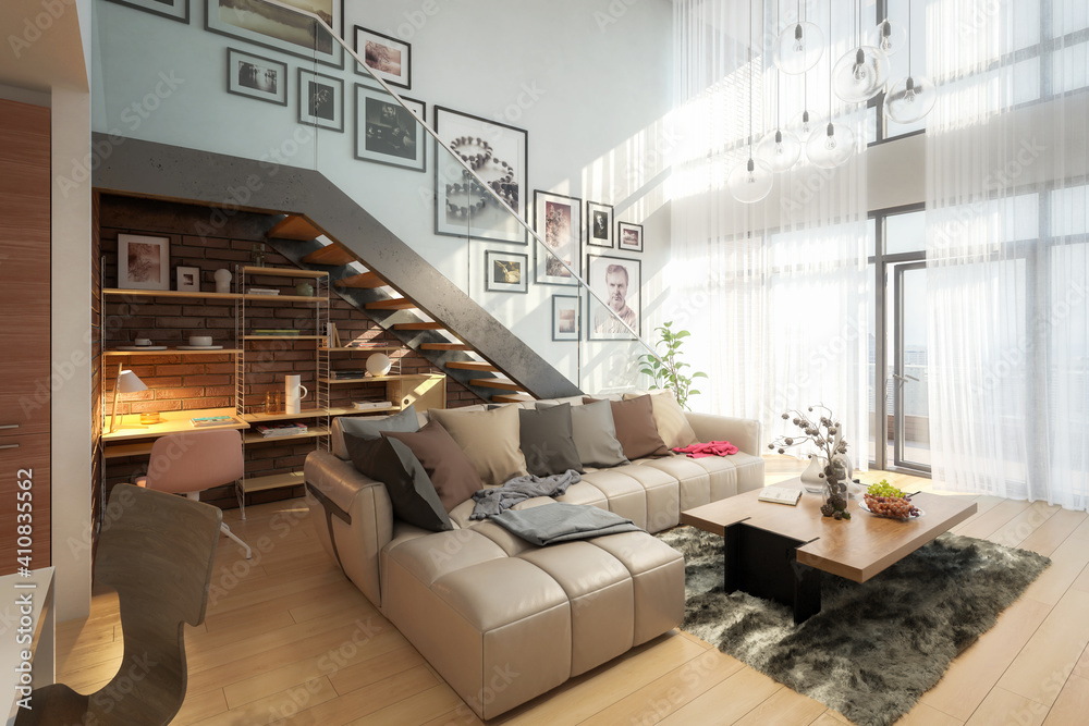 Contemporary Penthouse Mansarde with Stairs - 3d visualization Contemporary Penthouse Mansarde with Stairs - 3d visualization