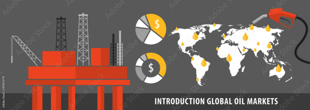 Flat design style of world map introduction global oil markets vector illustration.