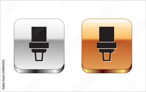 Black Safety belt icon isolated on white background. Seat belt. Silver and gold square buttons. Vector.