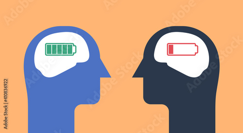 two human heads silhouette with brain green full battery energy and red low burnout, sign symbol vector flat illustration