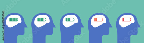 human heads with full green, low orange, and empty red battery level icons for different amount of burnout and mental energy, vector flat illustration